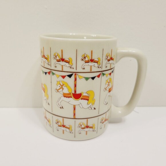 Vtg Otagiri Carousel Horses Merry Go Round Banner Porcelain Coffee Tea Cup Mug - Picture 1 of 5